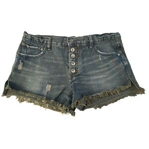 FREE PEOPLE Women Cutoffs Raw Edges Runaway Jillian Button Fly Shorts Sz 28 Blue